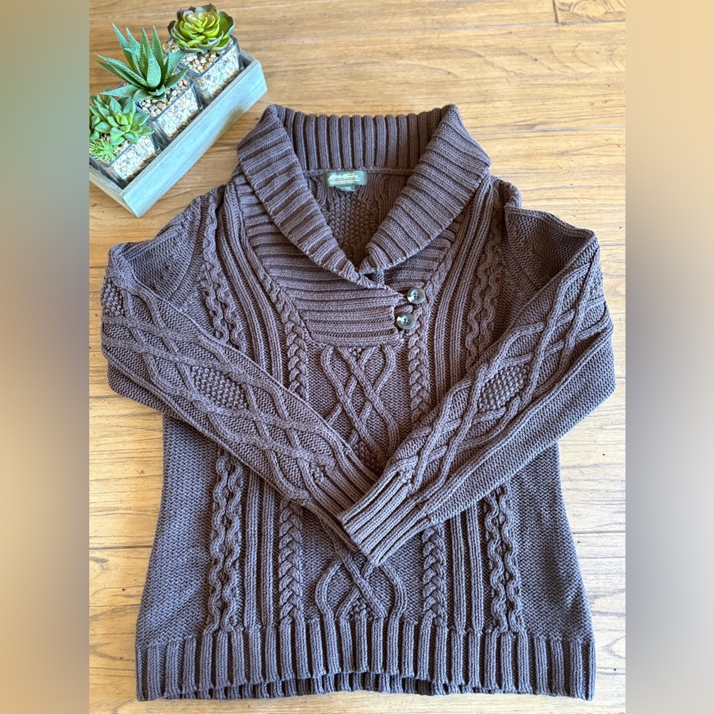 NWOT: Eddie Bauer Y2K Woman’s Large Dark Chocolate Cable Knit Cowl Sweater